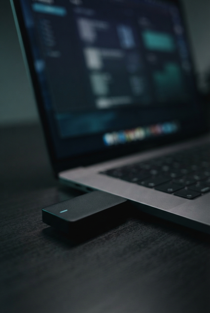 Black rectangular device with a blue indicator beside a laptop on a dark desk.