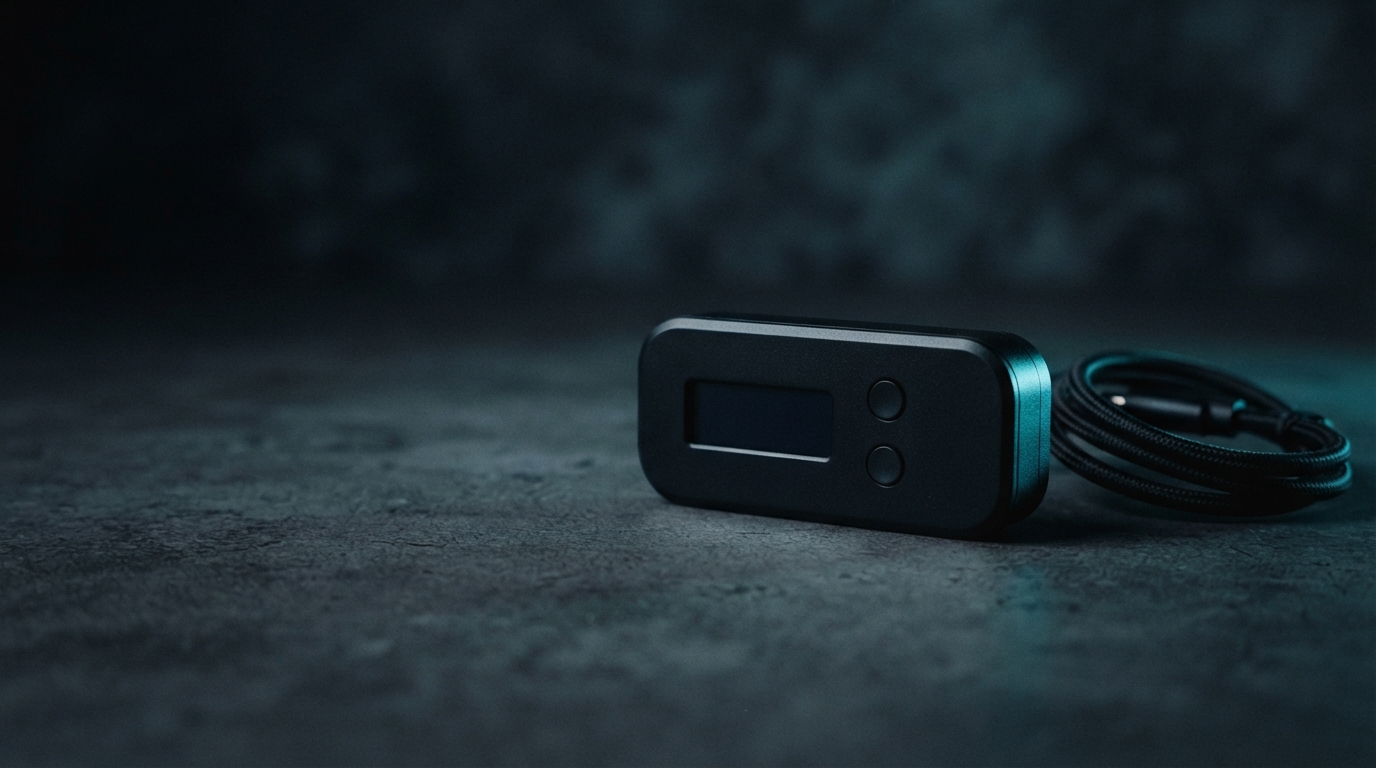 Black rectangular electronic device with a blank display, two buttons, and a coiled cable on a dark textured surface.